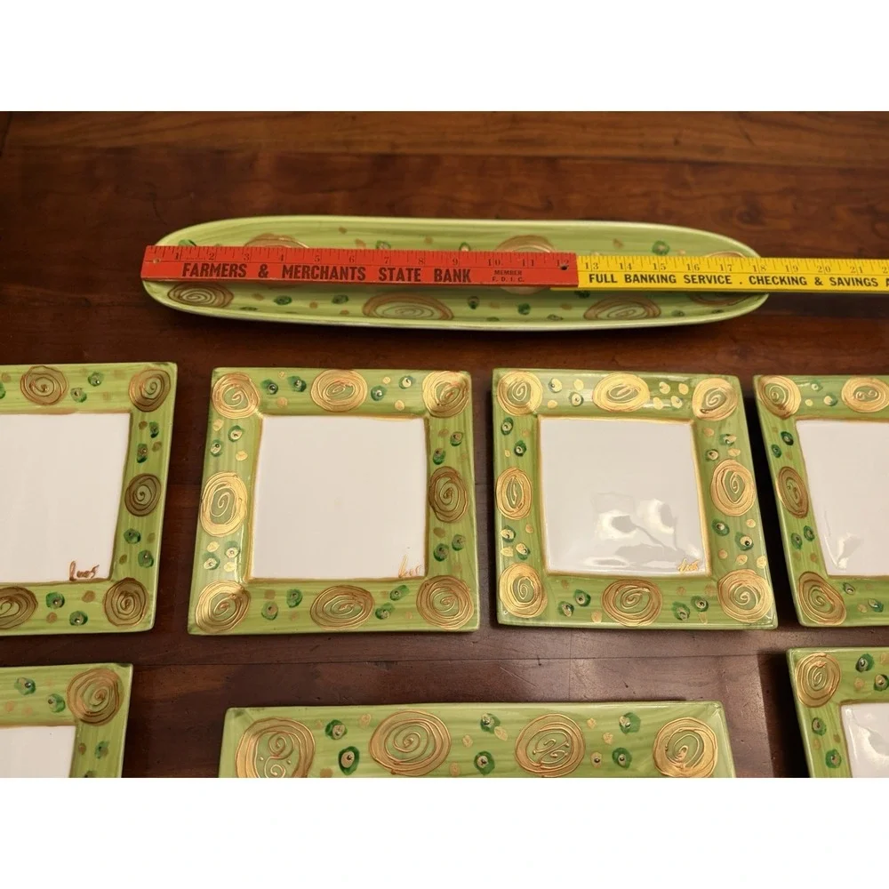 Vintage Mayfair & Jackson 9-Piece Square‎ Plate Set Green Metallic Gold Swirls